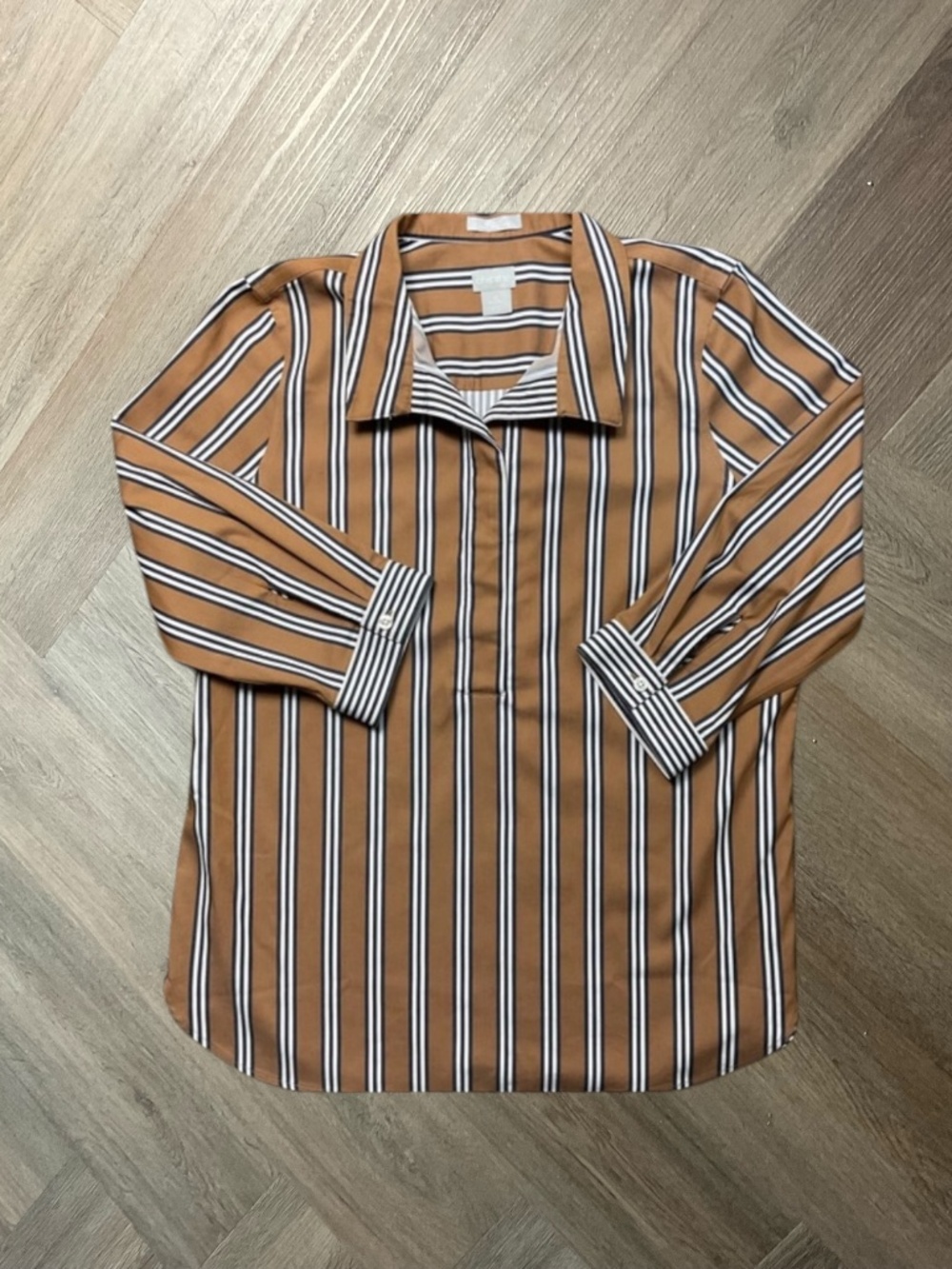 Chico's‎ Striped Button Down No Iron Blouse Womens 0 Small Brown Black White